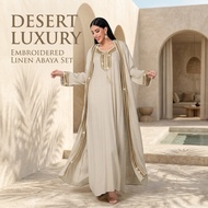 Embroidered Bead Linen-Look 2-Piece Set Muslimah Maxi Dress Long Sleeve Abaya Set S-2XL