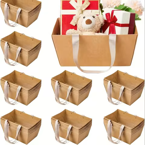 4Pcs Paper Basket For Gifts Empty DIY Bulk Gift Basket Kit With Handles Kraft Cardboard Tray Organiz