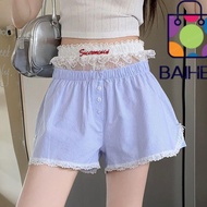 BAIHEE Striped Shorts, Button Blue Pink Elastic Waist Shorts, Causal Summer Lolita Lace Leggings For