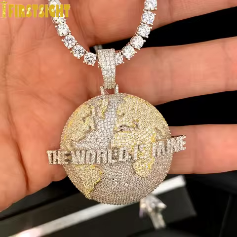 New Iced Out Bling Letters The World Is Mine Pendant Necklace Two Tone Color Zircon Map Charm Men's 