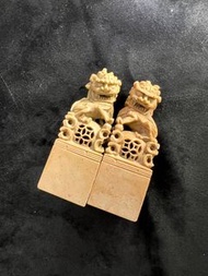 壽山石雕刻石獅子蓋章一對