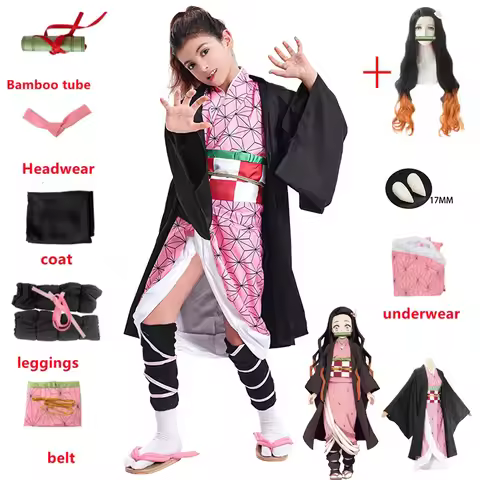 Anime Kamado Nezuko Cosplay Costume Demon Slayer Cosplay Uniform Clothes Kimono Wig Props Set Hallow