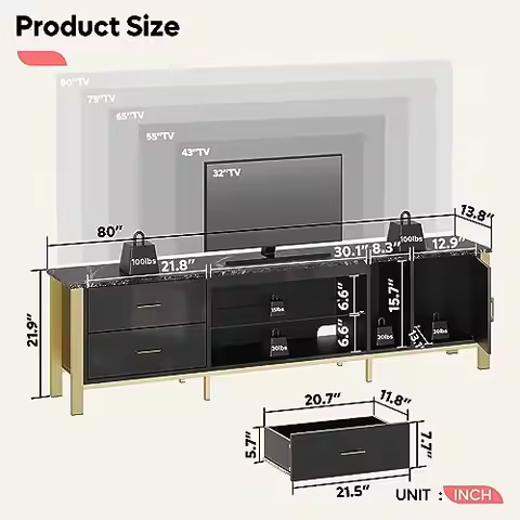 Modern Glossy Black TV Console For 75-90 Inch Screens, Featuring Open Shelf, Two Drawers, And Cabine