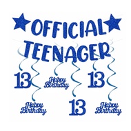 Age 13 Teen Birthday Glitter Blue Banner Spiral Happy Birthday Banner Decoration Set for 13th