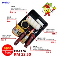 6 PCS / SET PAINT ROLLER 4 & 7 / HANDLE 4 & 7/PUTTY FILLER 0.5KG/WASHI TAPE YELLOW/BRUSH 1.5/TRAY ( 