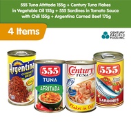 555 Afritada 155g + Century Tuna in Oil 155g + 555 Sardines in Chili 155g+Argentina Corned Beef 175g