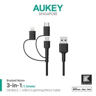 Aukey CB-BAL5 3 in 1 Braided Cable (USB C， Lightning， Micro USB)