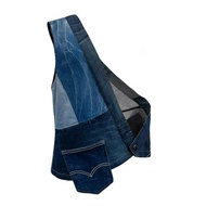 手工丹寧斜肩單邊背心