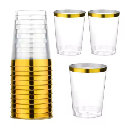 50pcs Golden Plastic Rim Cup 10oz Hard Disposable Cup Plastic Wine Party Wedding Transparent Plastic