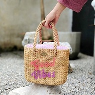 Straw bag Lamoon model. Pink lining. Premium straw bag.