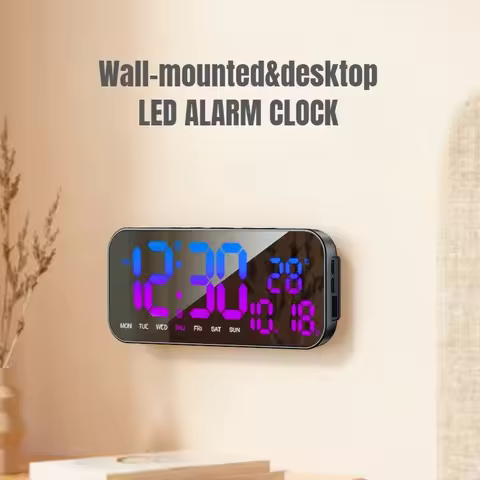 LED Alarm Clock Changing Digital RGB Color Mirror Screen Table Clock Wall/Desktop USB Snooze Clock W