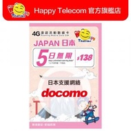 日本 Docomo 5日4G無限數據 (不限速) $138