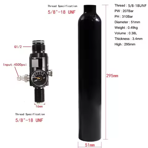 0.38L Aluminum Tank 5/8"-18 UNF Air Bottle 3000Psi 200Bar HPA Compressed Air Co2 Cylinder Bottle Tan
