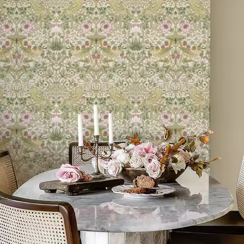 Morris Style Floral Bird Self-Adhesive Wallpaper Morden Waterproof Living Room PVC Wallpaper Chic Bi