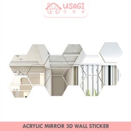 Usagi Official - Acrylic 3D Wall Sticker / Cermin Stiker Tempel / Cermin Kaca Hexagonal Hiasan Dindi