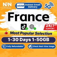 France eSIM Ultra 1-30Days 1-50GB 5G/4G Data Instant Email Delivery High Speed Travel Data France Eu