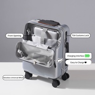 กระเป๋าเดินทาง กระเป๋าเดินทางแบบเปิดครึ่งหน้าขนาด 20 นิ้ว ล้อหมุนได้ 360° กระเป๋าขึ้นเครื่องแบบชาร์จไฟได้ สิ่งจำเป็นสำหรับการเดินทาง