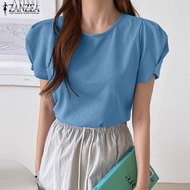 Zanzea เสื้อเบลาส์ผู้หญิงสไตล์เกาหลีเสื้อเบลาส์แฟชั่นลำลองคอกลมแบบหลวมเสื้อปลายแขนบาน #10