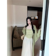 15393l _ Large Size New Chinese Style Zen Three-Piece Set Sunscreen Cardigan Pleated Camisole Fairy 
