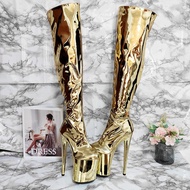 20cm Over-the-Knee Boots Pole Dance Boots All Silver Performance Shoes Silver Plating Sole Dance Shoes