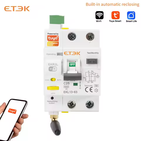 ETEK TUYA WiFi Smart RCBO With Auto Reclosing Function 230V 30mA Remote Control A Type 1P+N Reset Ci