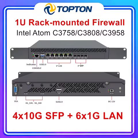 Topton 1U Rack Mounted Mini PC Intel Atom C3758 C3808 C3958 4*10G SFP 6*1G LAN DDR4 NVMe pfSense OPN