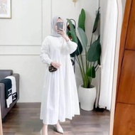 Midi Dress Elita/Baju Muslim/Gamis Remaja/Gamis Putih Polos Crinkle Airflow/Ukuran S M L XL/Korean Style/Pakaian Muslim Wanita Baju Gamis Lebaran 2024 Viral