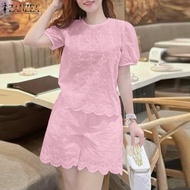 HijabFab ZANZEA ชุดปักคอตตอนสไตล์เกาหลีของผู้หญิงเสื้อยืดคอกลมแขนพัฟกางเกงขาสั้นและเสื้อชุดเพื่อความ