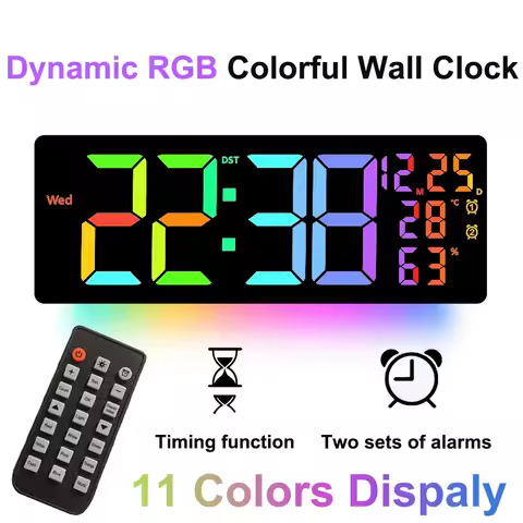 17" Large Digital Wall Clock 11Colors Dispaly & Dynamic RGB LED Clocks Temp Date Week Display Remote