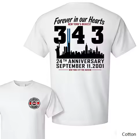 FDNY 343 9/11 24th Anniversary Double Sided T Shirt, 100% Cotton Unisex, Firefighter Memorial Street
