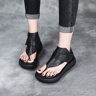 J Retro Soft Genuine Leather Wedges Women Sandals Summer New Thong Hook &amp; Loop Cover Heels Beach Shoe Sandalias Mujer Sapato