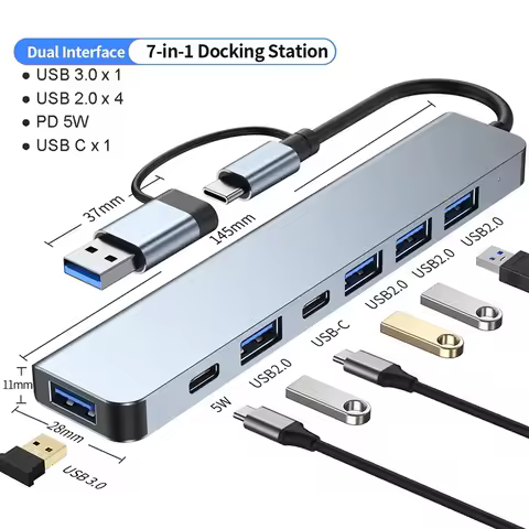 7 In 1 USB C Extender Adapter Hub With 7 Ports Aluminum Alloy USB 2.0 Hub Adapter Type C Splitter Ex