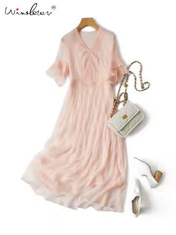 Winsleter, 100% Real Silk Dresses Women Crepe De Chine V Neck Lace Loose Short Sleeve Midi Robe Dres