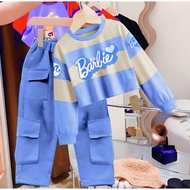Setelan Baju Anak Perempuan Cargo Strip Salur Motif Barbie 1-12 Tahun One Set Cargo Anak Perempuan K