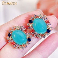 GLORIYA Attractive Boho Stud Earrings Paved Colorful AAA Cubic Zircon Oval Blue Stones Yellow Gold C
