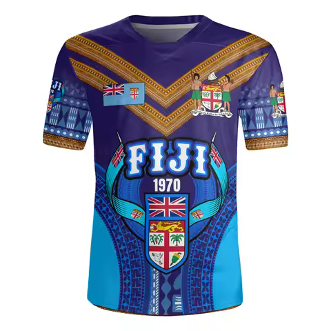 3D The Republic-of Fiji Flag Printing V Neck T Shirt Fiji Rugby-Jersey Emblem Graphic V neck T Shirt
