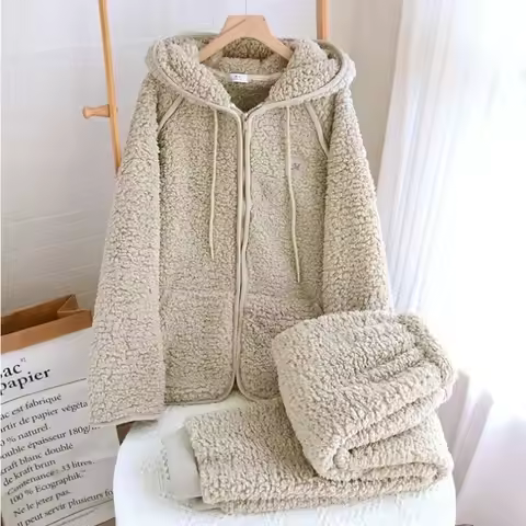 Thick Fluffy New Couple's Pajama Hooded Zipper Sleeping Sleepwear Winter Underwear Set Nightie Warm 
