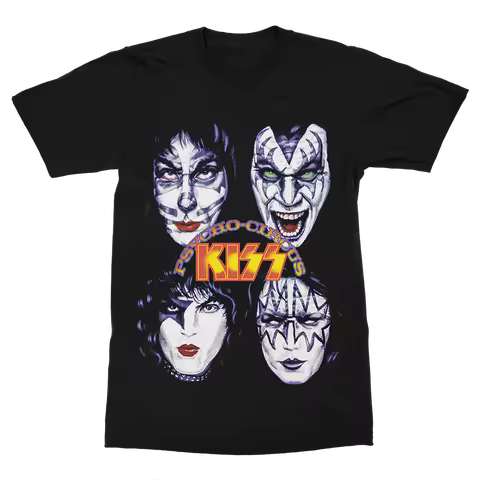 KISS Psycho Circus Full-Cast Face Paint T-Shirt: Black Base with Album Title & Band Logo Design Fan 