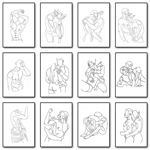 Abstract Men Body Minimalist Print Posters Male Line Gay Couple Nude Hug Kiss Wall Art Canvas Painti