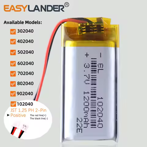 JST1.25mm 2Pin 902040 3.7V 1000mAh Lithium Polymer LiPo Battery 901939 302040 402040 502040 602040 7