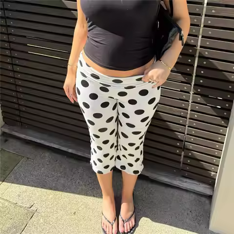 Coquette Fold Over Low Rise Slim Fit Capri Trousers Polka Dot Print Pants Women Vintage Aesthetic Lo
