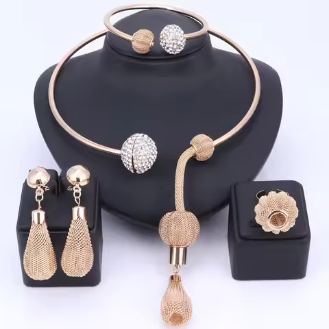 Dubai Gold Color Crystal Tassels Jewelry Fashion Wedding African Costume Necklace Earring Bangle Rin