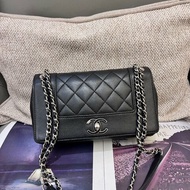 香奈兒/Chanel 黑銀羊皮菱格紋琺瑯扣cf口翻蓋鏈條包