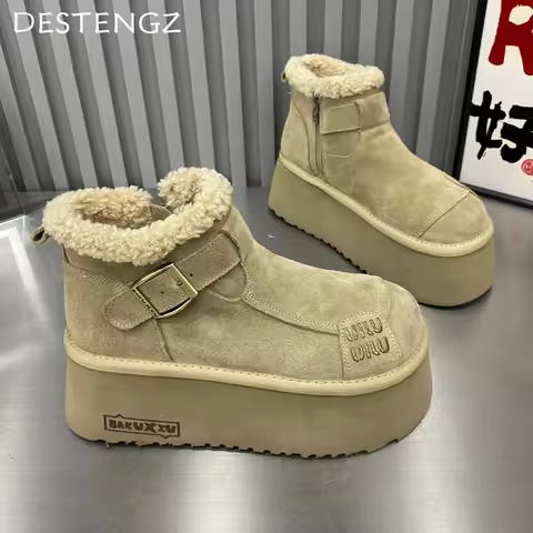 2024 New Fur Platform Women Ankle Boots Flats Suede Warm Shoes Woman Trend Designer Brand Short Plus