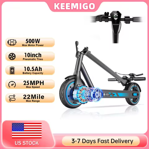 Keemigo 500W Motor Electric Scooter 10'' Tires 25 MPH 22 Mile Range Dual Braking System Foldable Lig