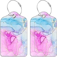 Luggage Tags, (Set of 2) PU Leather Suitcase Tags, Identifiers Privacy Cover ID Label with Stainless Steel Loop and Address Card for Travel Bag Suitcase (L- Pink Blue Marble)