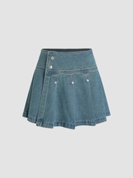 Cider Denim Button Pleated Mini Skirt