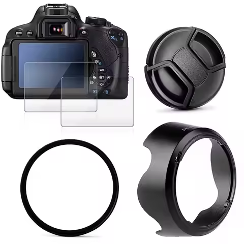 UV Filter Bayonet Lens Hood Cap + 2x Glass Screen Protector for Canon EOS 200D II 250D Rebel SL2 SL3