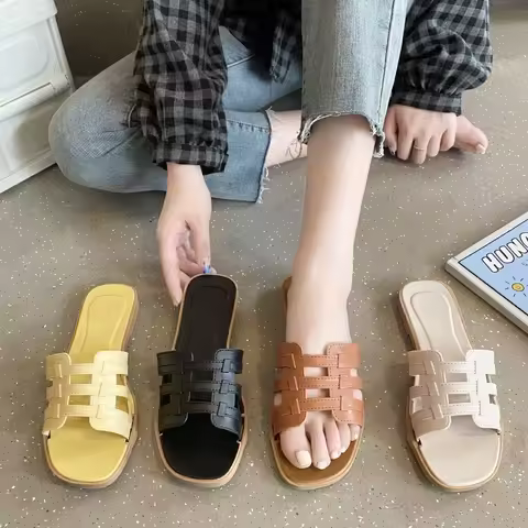 Lazada Women's Flat Sandals Summer Fashionable Outdoor Beachwear PVC Material Comfortable Slip-On Sa