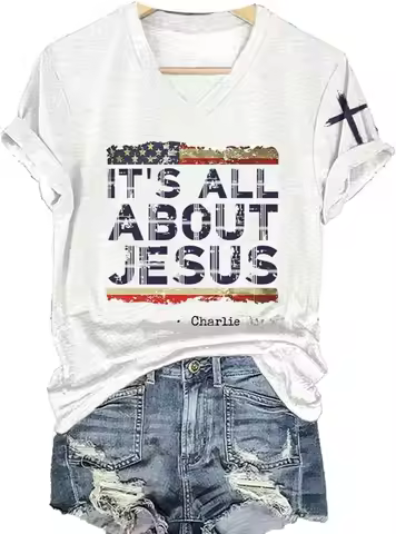 It's All About Jesus Charlie Freedom American Flag Patriotic Shirts for Women